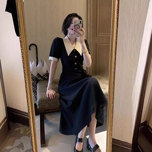 港味复古气质黑色polo连衣裙子女夏季2026新款显身材设计感长裙