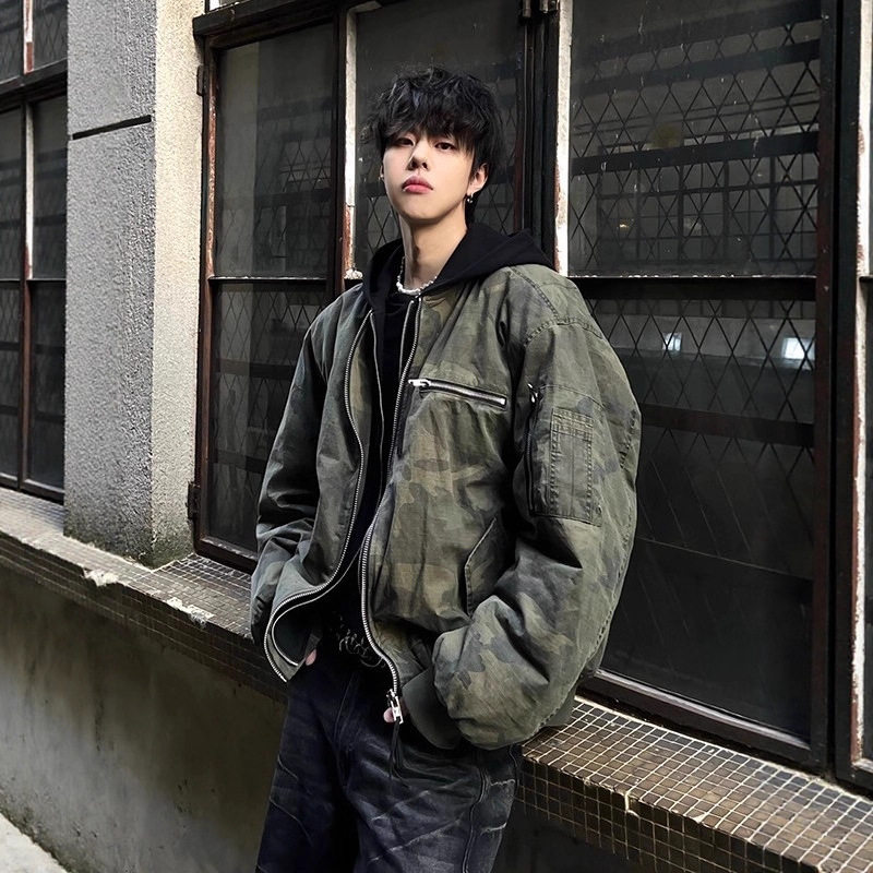 美式飞行员迷彩棉服男款冬季加厚假两件连帽棉衣潮牌痞帅炸街外套