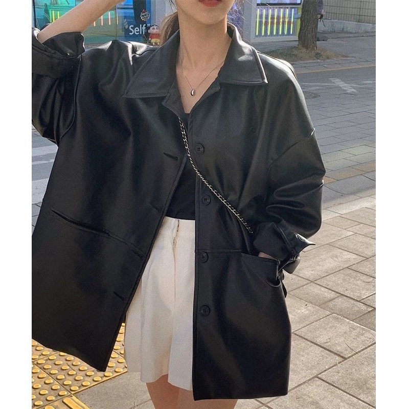 秋季韩系翻领单排扣仿皮夹克女