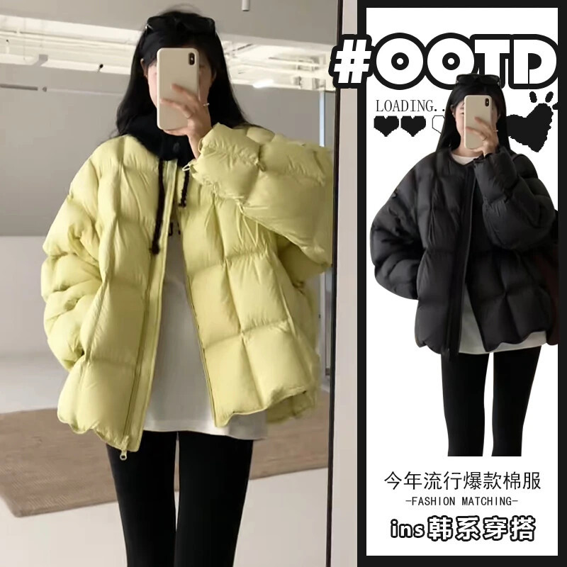 韩系方格圆领羽绒棉服