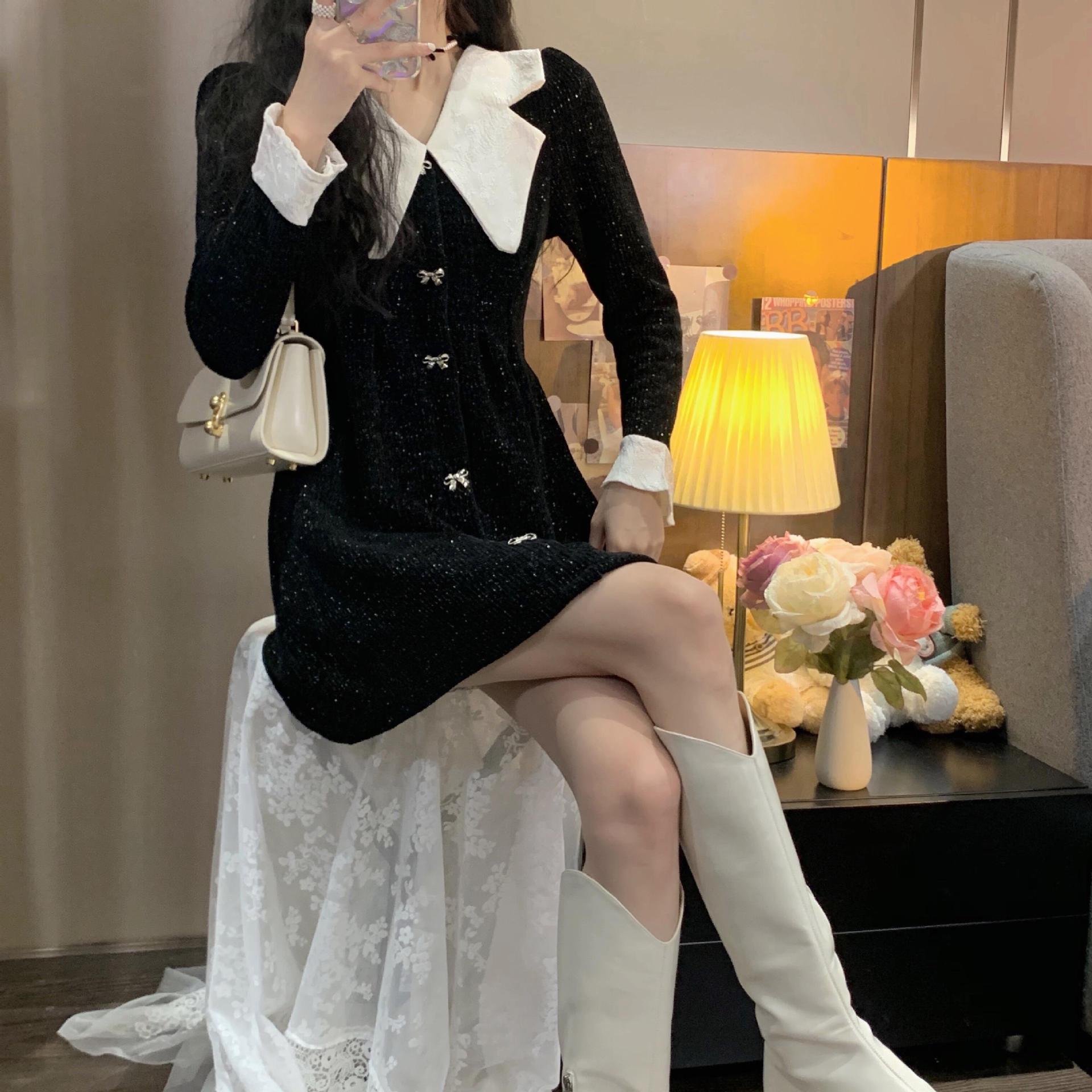 法式赫本风黑色娃娃领丝绒连衣裙