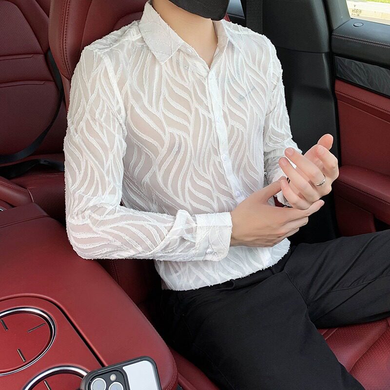 设计感个性蕾丝镂空衬衫男长袖修身潮牌痞帅衬衣夜店性感男装上衣