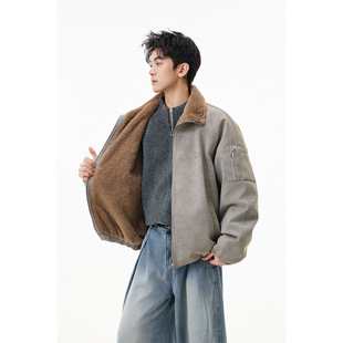 美拉德加绒翻领棉衣男秋冬皮毛一体百搭棉服宽松加厚保暖休闲外套