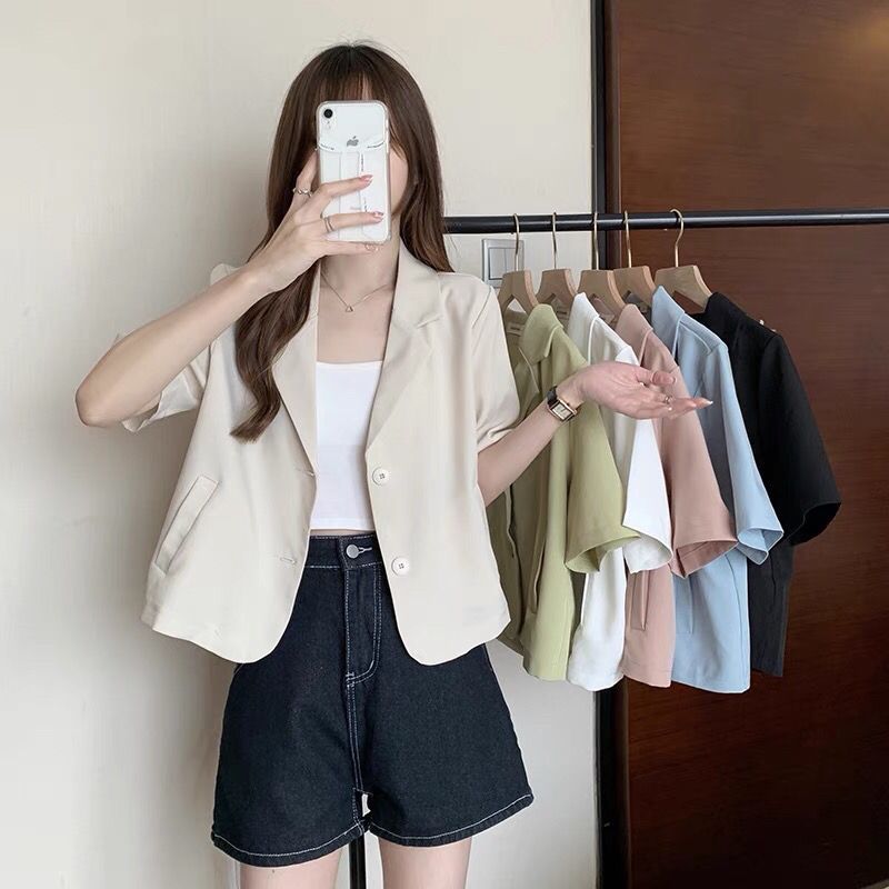西装领短袖衬衫外套女夏季2022年薄款衬衣短款上衣显瘦百搭