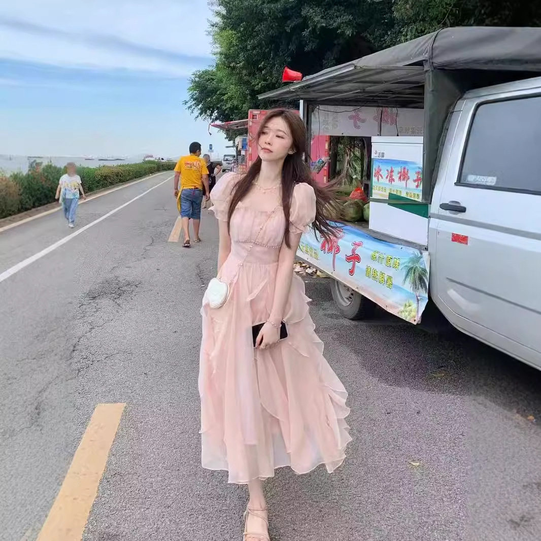 法式甜美温柔风超仙雪纺长裙夏季新款大码微胖MM收腰显瘦连衣裙女