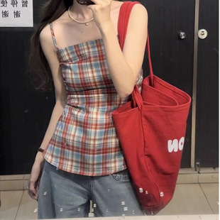 法式抹胸红色格子吊带背心女夏季外穿独特超好看收腰辣妹无袖上衣