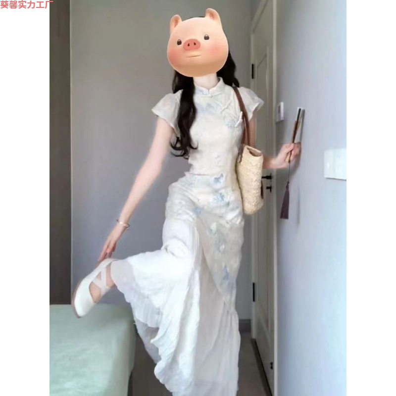新中式国拼接旗袍加长版连衣裙