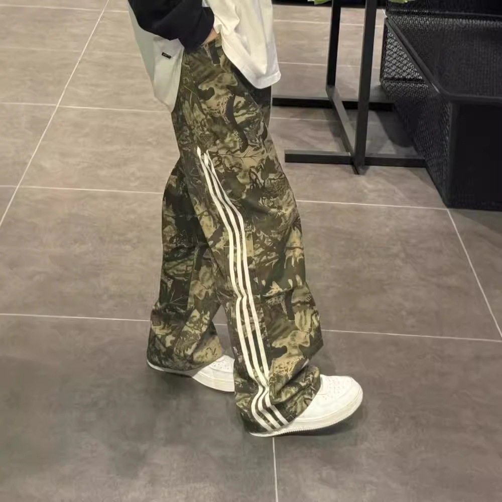 三杠条纹迷彩工装阔腿裤男秋季