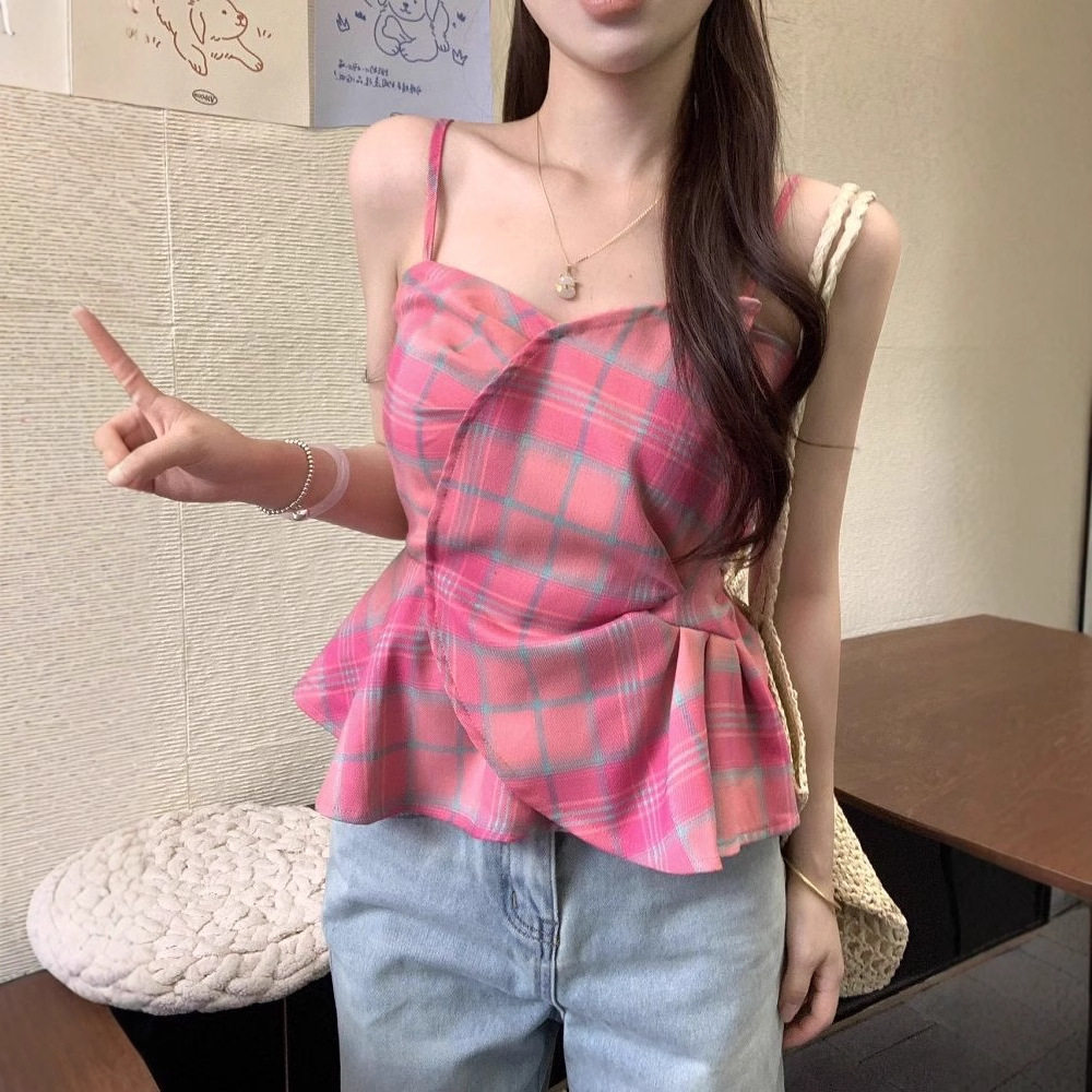 格子挂脖背心女多巴胺小众修身