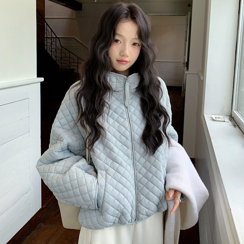 轻薄菱格连帽棉服女韩版宽松保暖