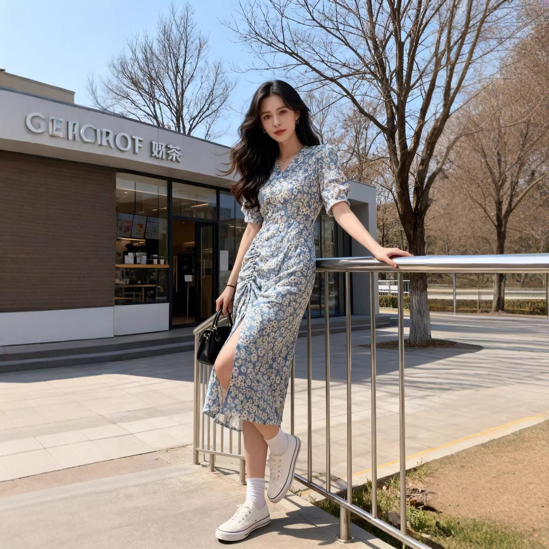 欧美风时尚新款女夏装法式港风复古雪纺长裙chic开叉碎花连衣裙