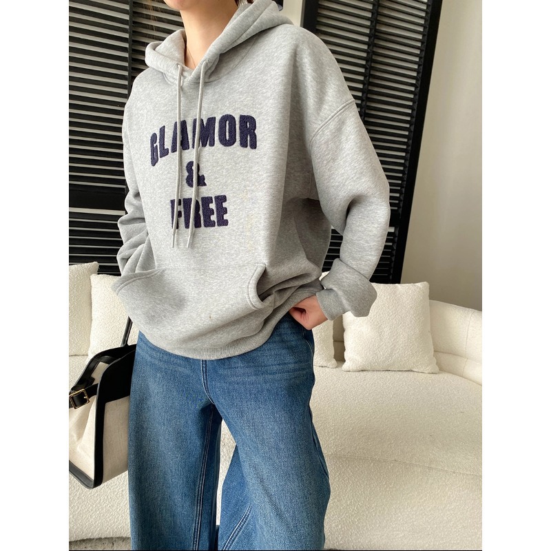 丽光拿捏松弛 慵懒感简约立体毛巾刺绣字母加绒连帽卫衣 SN8431