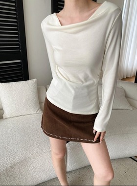 丽光 早春新款 法式气质荡领修身收腰显瘦长袖打底衫T恤 SN8568