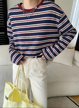 丽光早春新款 慵懒风松弛感复古条纹撞色圆领打底衫T恤 SN8518