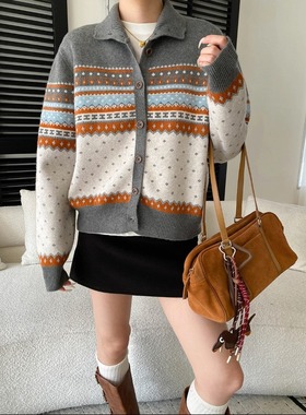 丽光 北欧暖意 复古费尔岛提花高领宽松慵懒毛衣针织开衫 SN8559