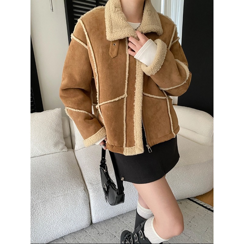 丽光街头腔调感 美式机车风立领仿皮毛一体加厚保暖外套 SN8429