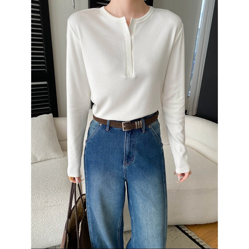 丽光实穿主义 设计感剪刀小V领开衩薄绒打底衫长袖T恤 SN8446
