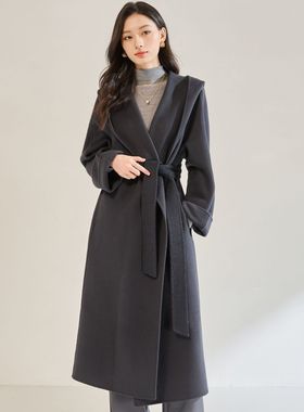 25秋冬新款休闲时尚宽松翻领浴袍长款连帽双面呢大衣外套女22672