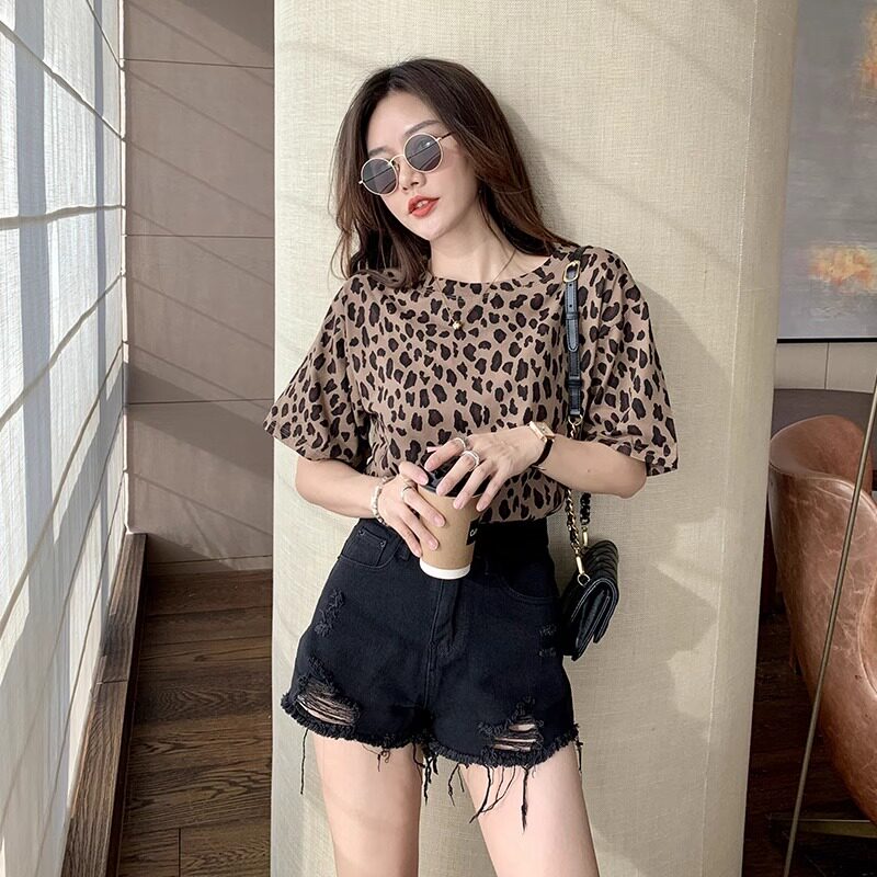 短袖通勤豹纹豹纹T恤女