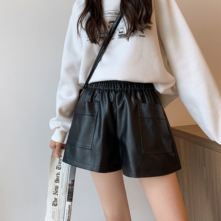 高腰黑色显瘦靴裤 2025秋冬季 女外穿百搭阔腿宽松pu皮裤 新款 皮短裤