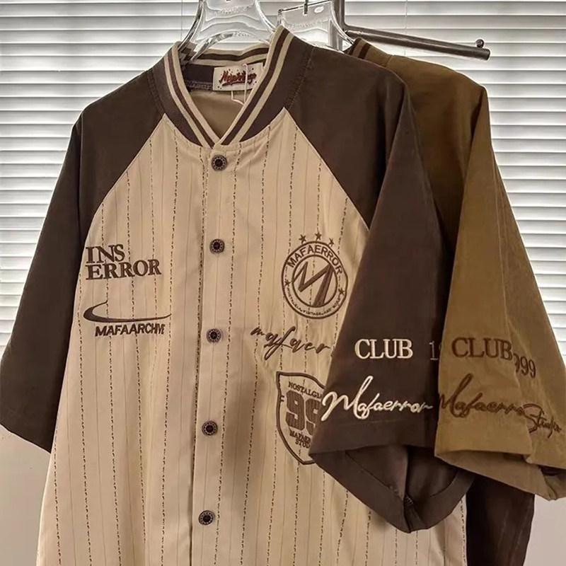 特大码300斤美式复古棒球领条纹短袖衬衫男女夏季学院风情侣衬衣