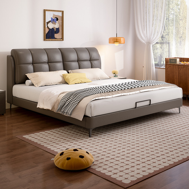 现代简约软包真皮床小户型双人主卧高脚床意式极简轻奢风皮艺婚床