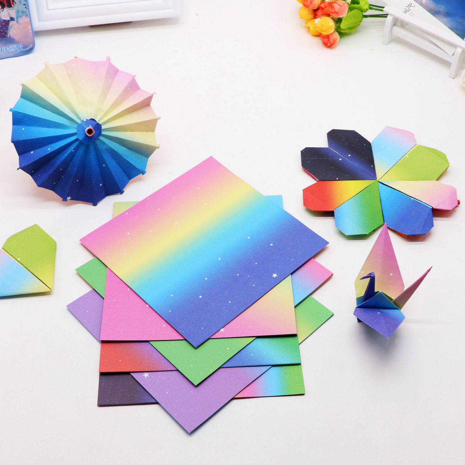 彩虹渐变色手工折纸儿童彩色纸双面双色卡纸正方形叠千纸鹤材料纸