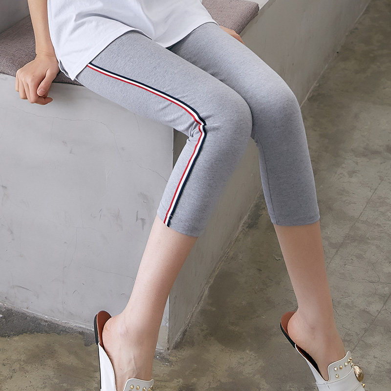 韩版夏款莫代尔侧边条纹运动打底裤女款七分显瘦纯棉外穿大码中裤
