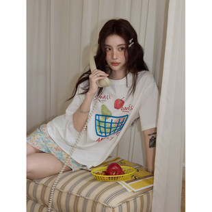 吵吵家夏日清新白色水果篮印花T恤女2025慵懒宽松休闲半袖上衣