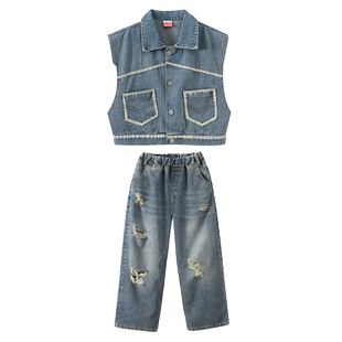 儿童爵士舞演出服女孩露肚脐hiphop男童牛仔马甲套装街舞表演服潮