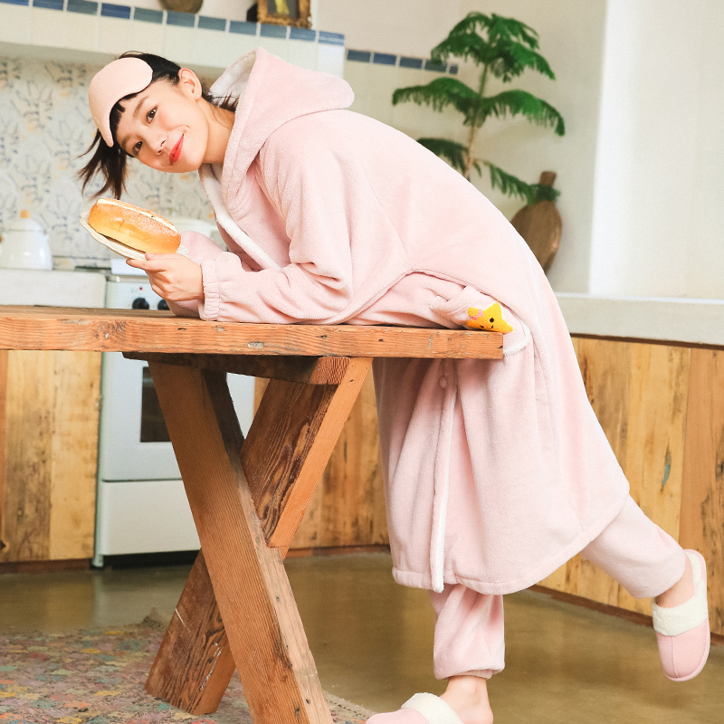 加厚连帽保暖可外穿套装睡衣