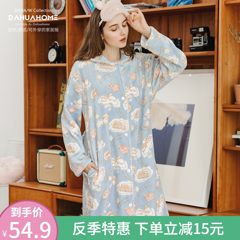 秋冬季珊瑚绒睡裙女加厚加长款法兰绒保暖睡衣裙子新款浴袍绒睡袍
