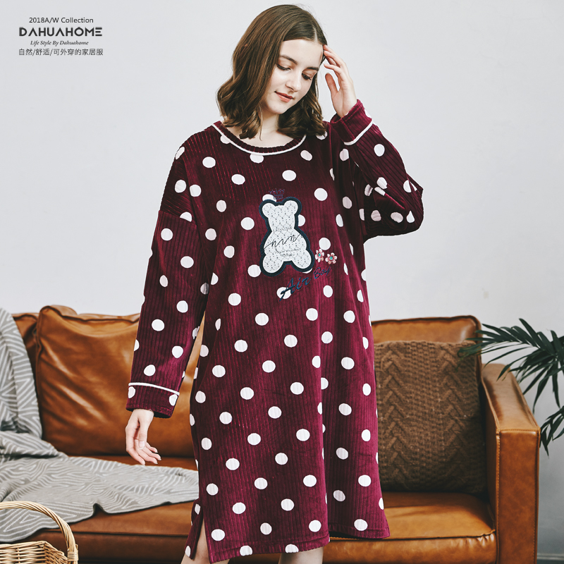 珊瑚绒中长款少女风秋季印花睡衣