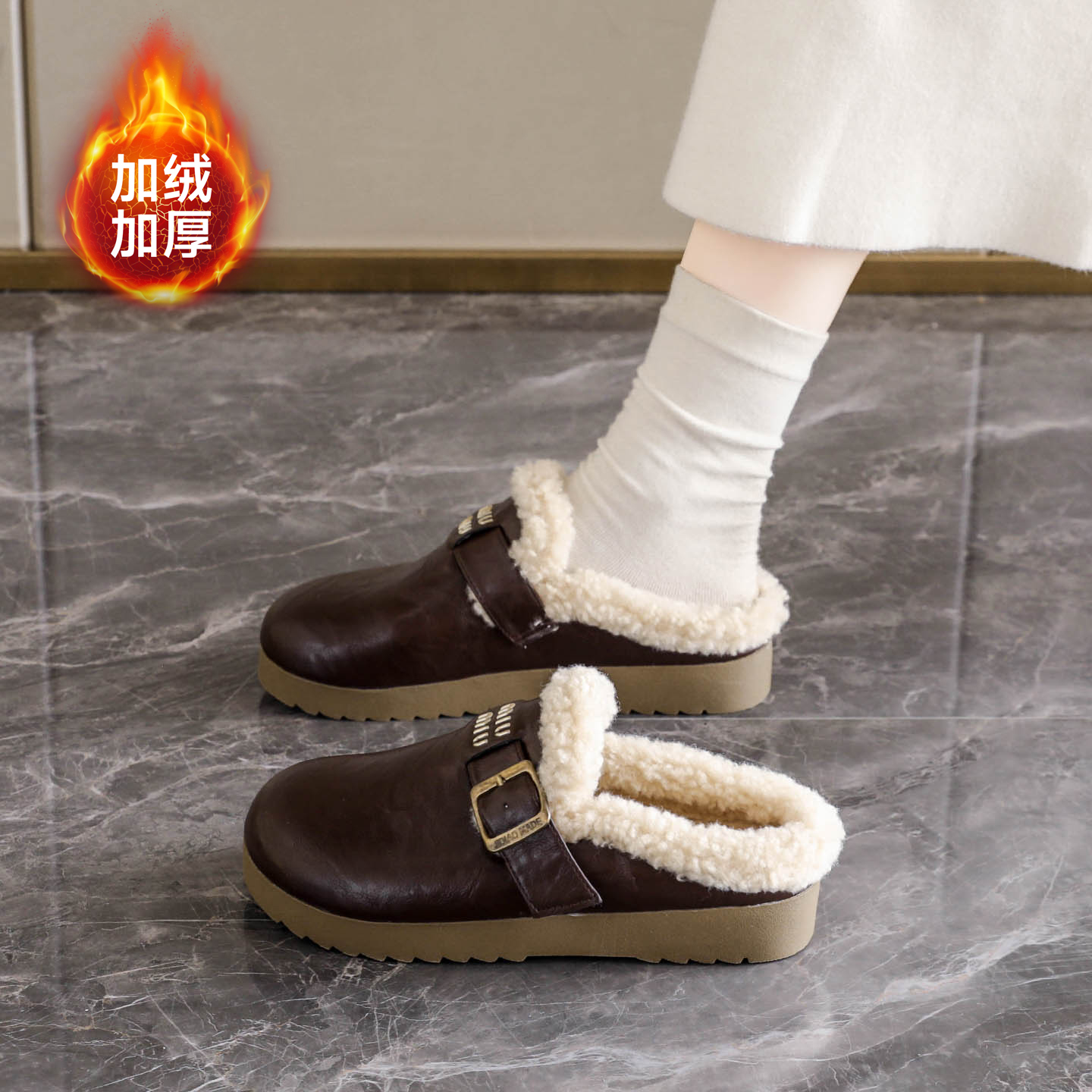 加绒皮面勃肯鞋女外穿防滑棉鞋