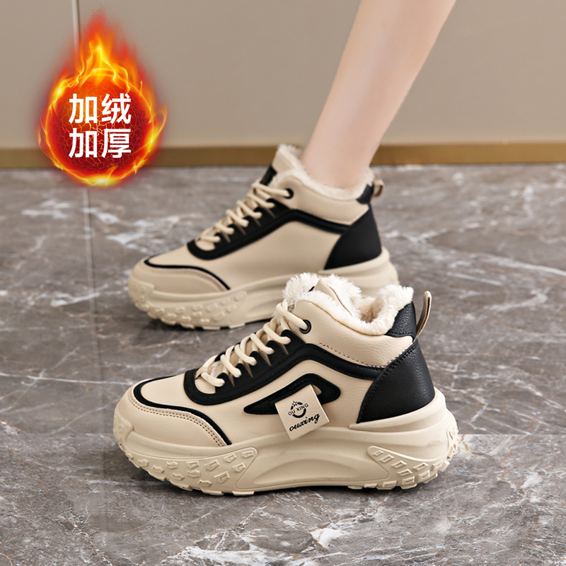 加绒加厚老爹鞋女皮面保暖棉鞋