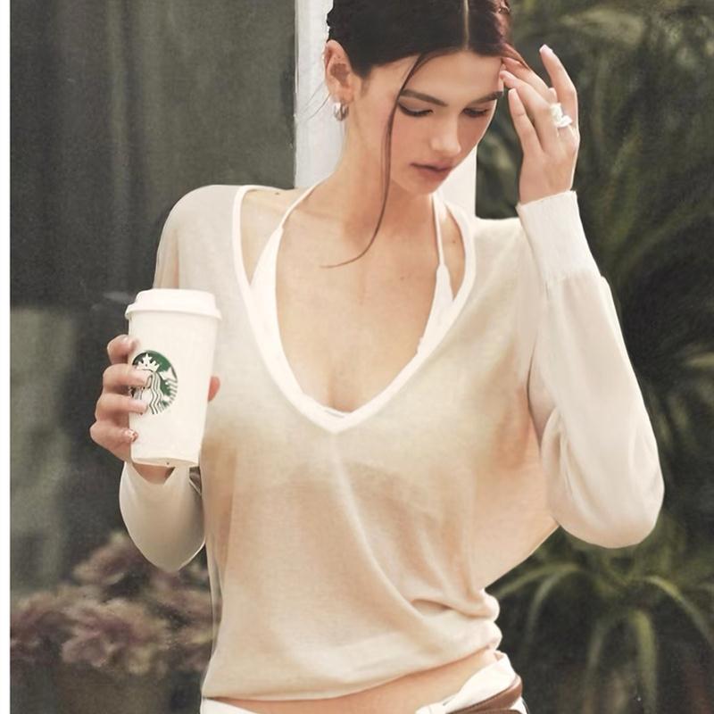 bulletnini纯欲针织微透慵懒蝙蝠袖上衣长袖宽松罩衫大V领外搭女