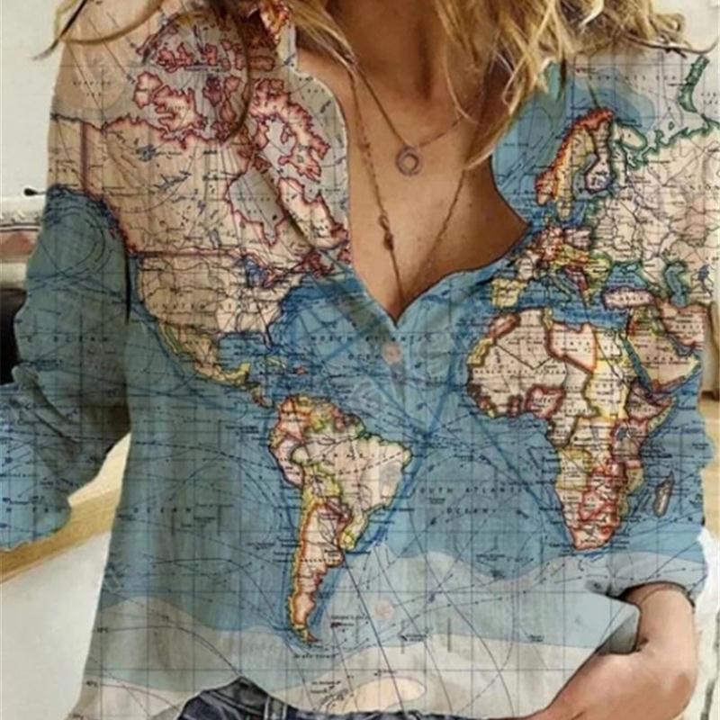 2022 Women Lapel Map Print Long Sleeve Shirt翻领地图印花衬衫