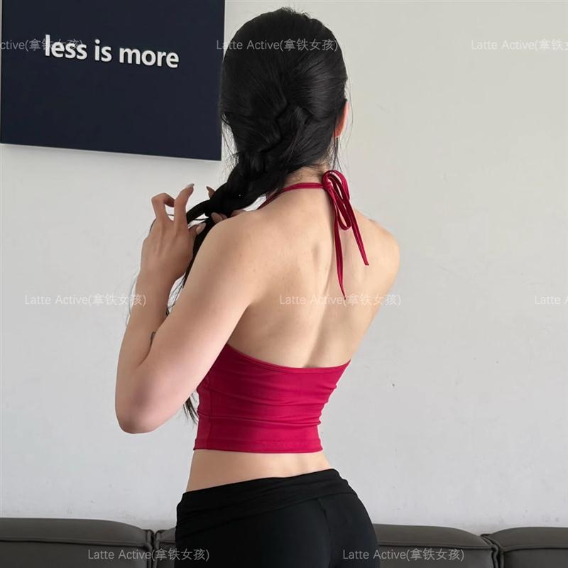 拿铁女孩挂脖美背带胸垫紧身速干运动内衣瑜伽背心女上衣无袖