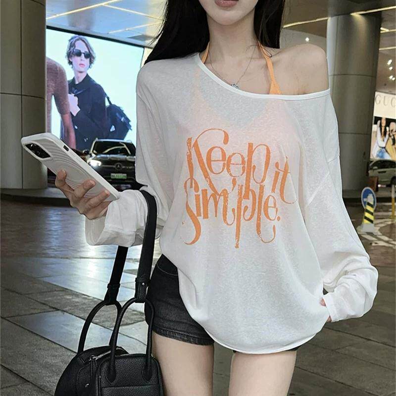 休闲慵懒风长袖防晒衣T恤女宽松字母印花中长版上衣防晒罩衫