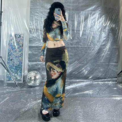 Fashion printed top and skirt set时尚印花露脐上衣半身裙套装