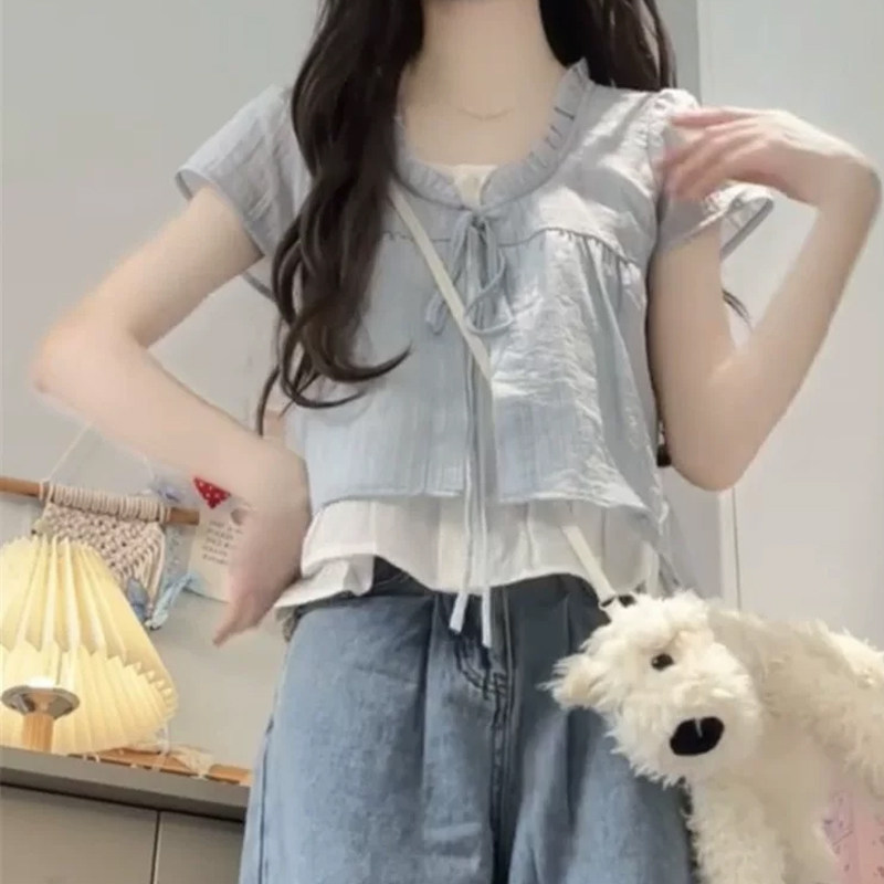 2026新款少女风假两件V领T恤