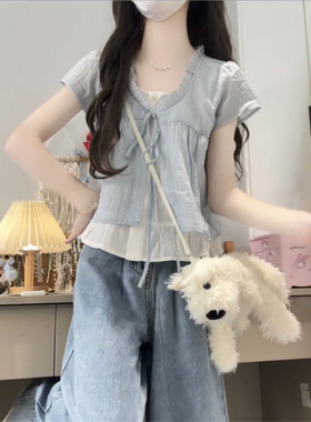 2026新款少女风蓝色假两件短袖T恤女木耳边V领设计感小众绝美上衣