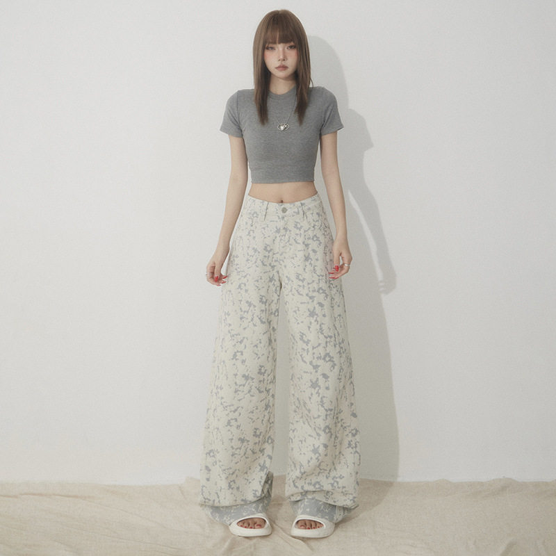 橙绢女装#美式复古白色扎染印花牛仔裤