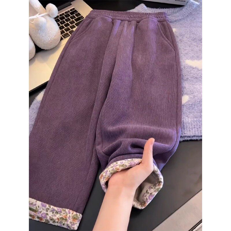 女童加绒裤子秋冬装2026新款儿童运动裤灯芯绒阔腿裤大童冬季长裤