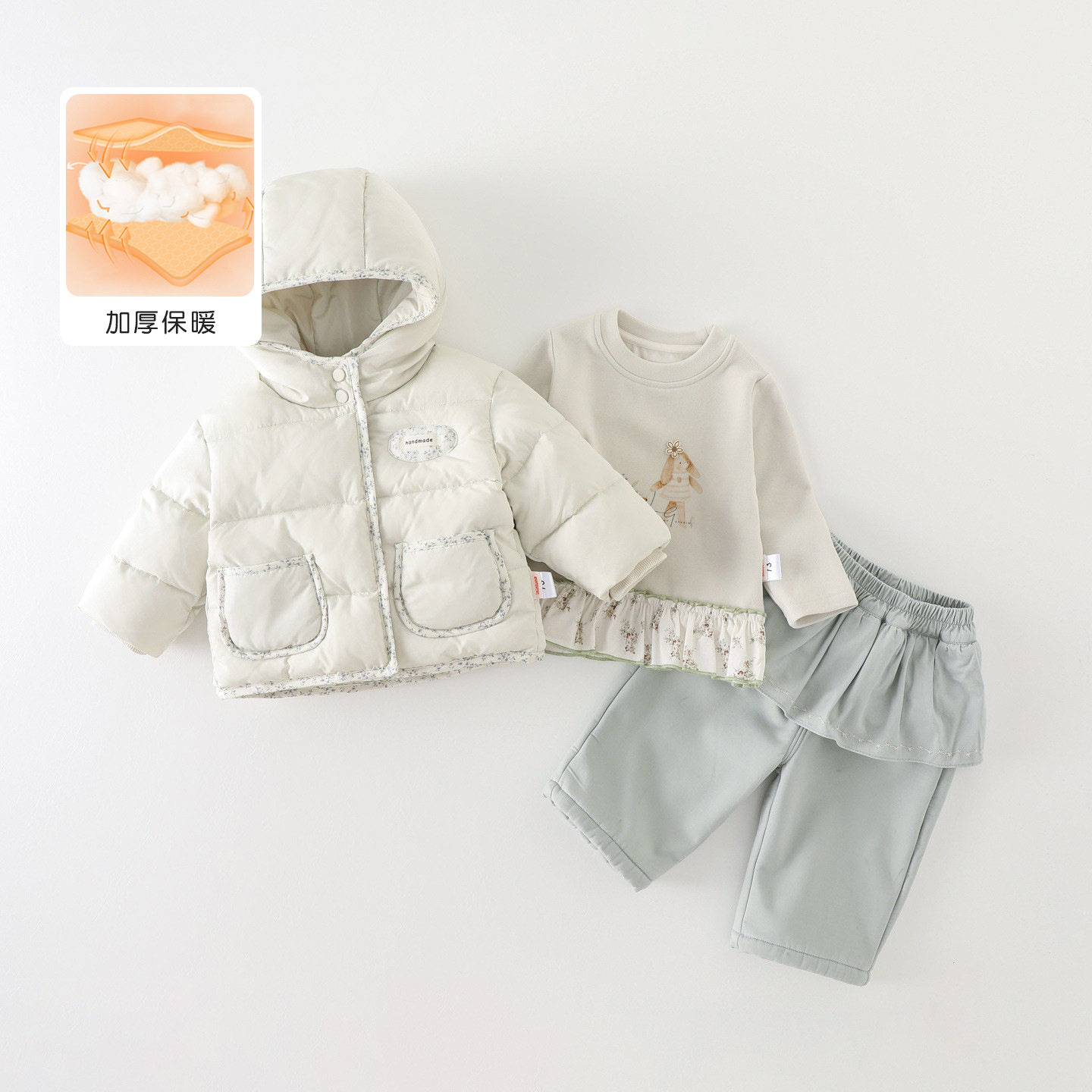 女宝宝衣服冬装长袖加厚保暖棉服外套婴幼儿冬季外出洋气三件套装