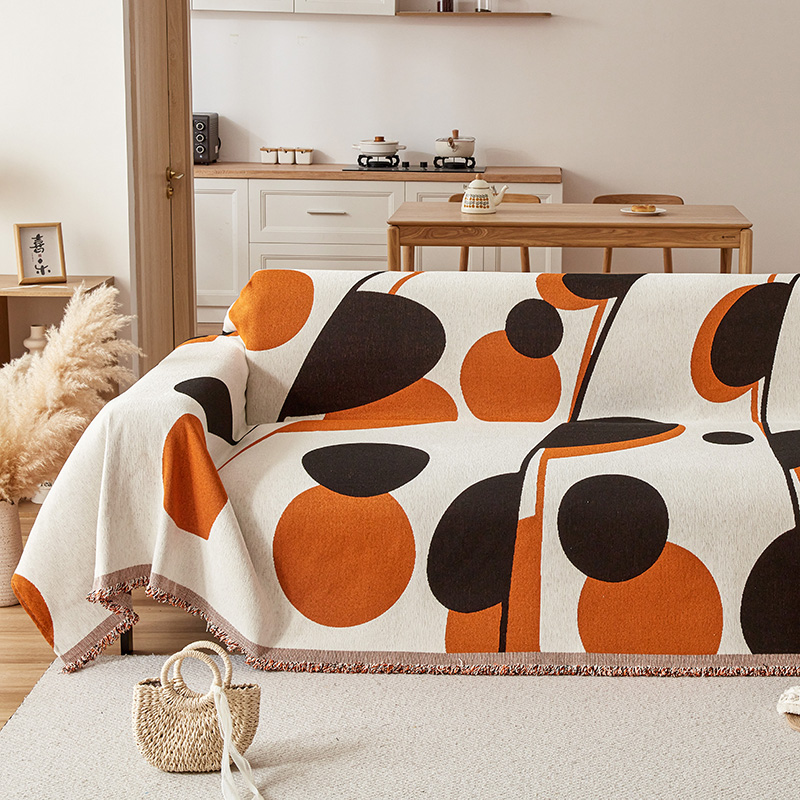 民族风时尚轻奢雪尼尔律动黑橙沙发巾沙发毯防尘布装饰布露营毯