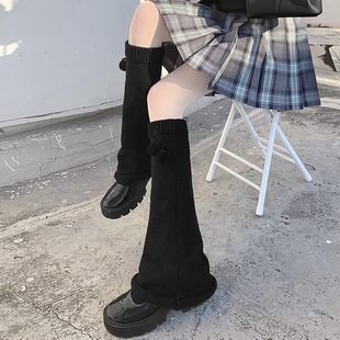 针织袜套可爱毛球小腿袜子女秋冬中长筒堆堆袜宽松黑色喇叭阔腿套