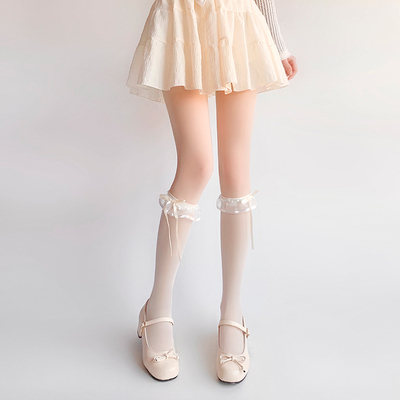 奶白色甜美可爱蝴蝶结小腿袜薄款