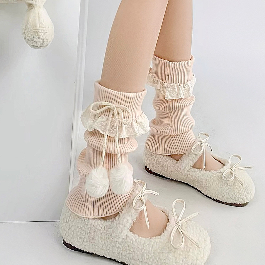 奶白色堆堆袜子女秋冬可爱球球腿套jk粉色lolita蕾丝花边中筒袜套