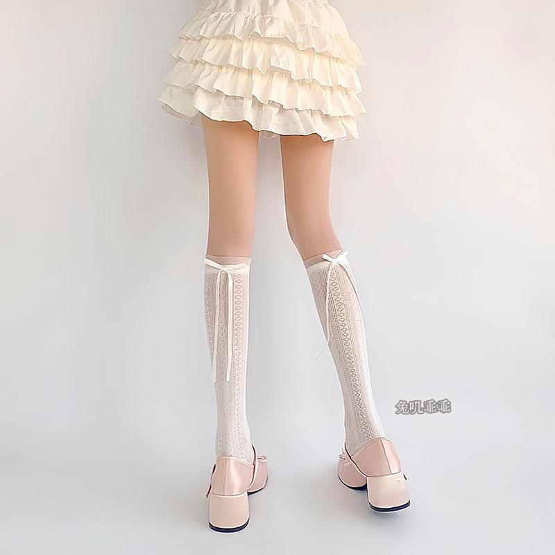 芭蕾风白色蕾丝花边蝴蝶结小腿袜子女lolita春夏薄中筒袜jk堆堆袜